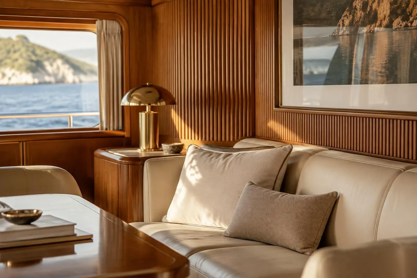 Interno di yacht con pareti rivestite in pannelli cannettati in legno